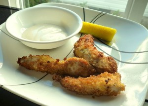 Crispy Herbed Chicken Strips with a Pickle Spear and Ranch Dressing