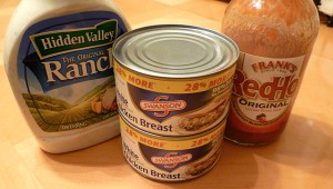 Ingredients: Ranch Dressing, Canned Chicken, Frank's Red Hot (Not Shown: cream cheese, shredded cheddar cheese, tortilla chips)