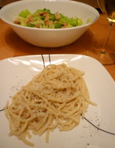 Creamy Pecorino Pasta with salad and Reisling