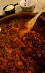 Cooking up the not-so-sloppy joes mix with the shredded cheese and sour cream ready to go!