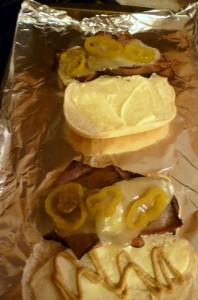 I like mine with just mayo. The hubby likes his with mayo and mustard.