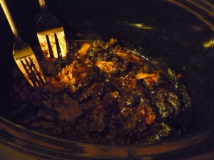 An incredibly terrible picture of Barbecued Pork in the Slow Cooker