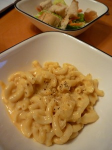 Classic Baked Macaroni & Cheese with side salad and homemade croutons