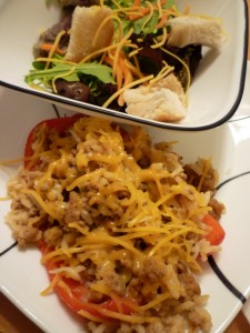 Turkey Stuffed Peppers and salad with Homemade Croutons
