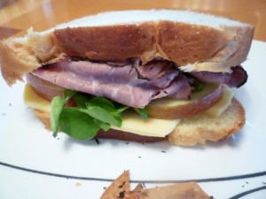 Roast Beef, Gouda and Apple Sandwich with Spiced Tortilla Crisps with Hummus