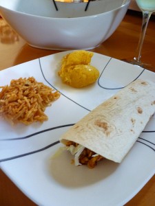 Tasty Turkey Tacos with Spanish rice, sweet corn cake, chips & salsa and margaritas!