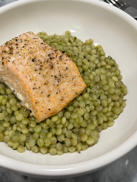 salmon with basil herb couscous