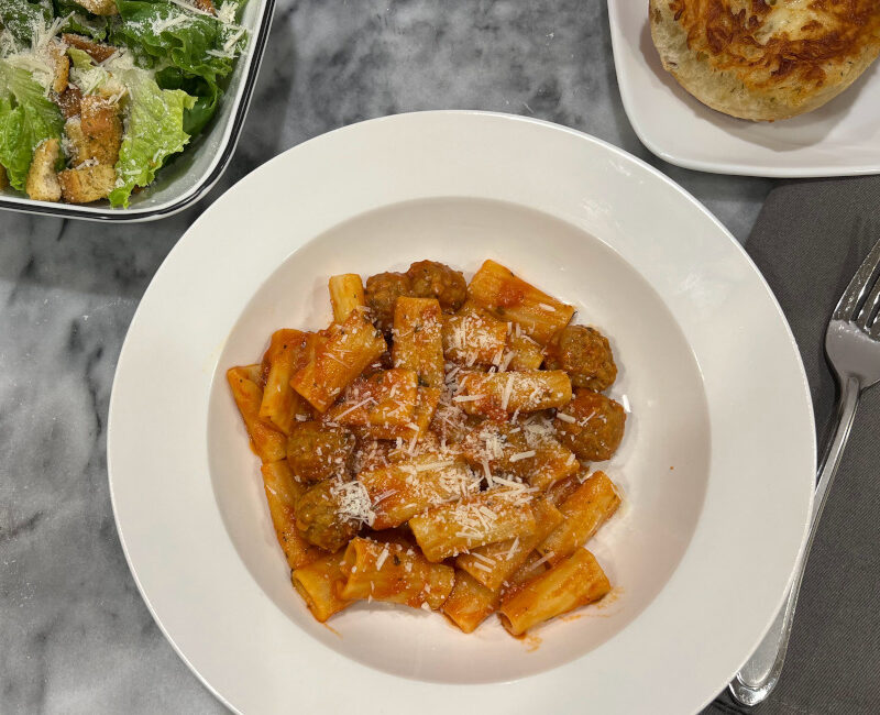 mantecare rigatoni with meatballs